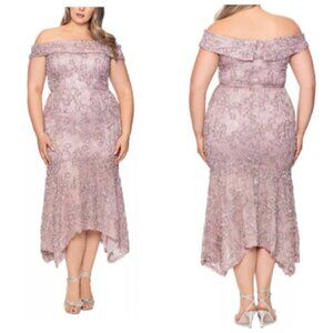 Xscape Plus Size 18W Off-the-Shoulder High-Low Hem Mermaid Dress in Taupe